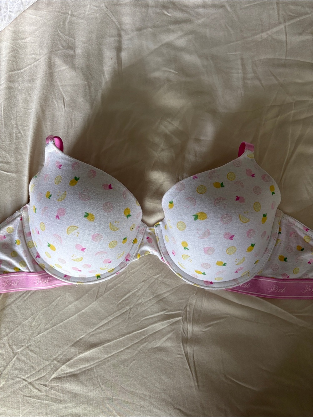 PINK Victoria's Secret White Fruit-Print T-Shirt Bra with Pink Trim